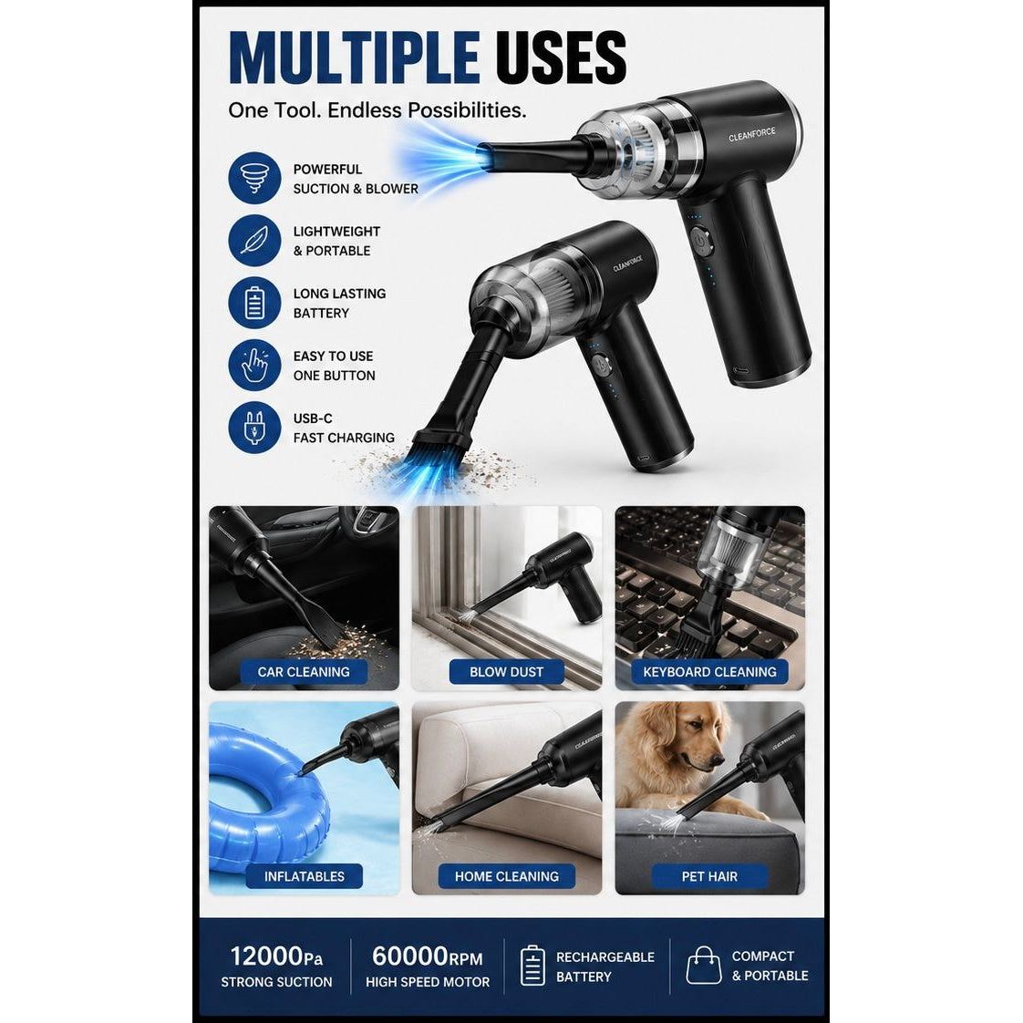 Portable Vacuum Cleaner & Air Blower – Rechargeable Handheld Cleaner for Home, Car & Office